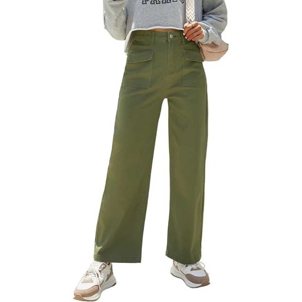 Dokotoo‎ Womens Cargo Pants Size 8 Green High Rise Wide Leg Stretch Denim NWT